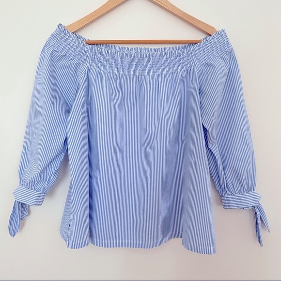 LOFT Blue and White Striped Off the Shoulder Shirt - Picture 4 of 6